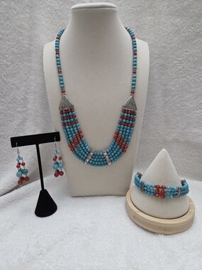 Blue Howlite/Red Coral Multi-strand Beaded Necklace/Earring & Bracelet Set